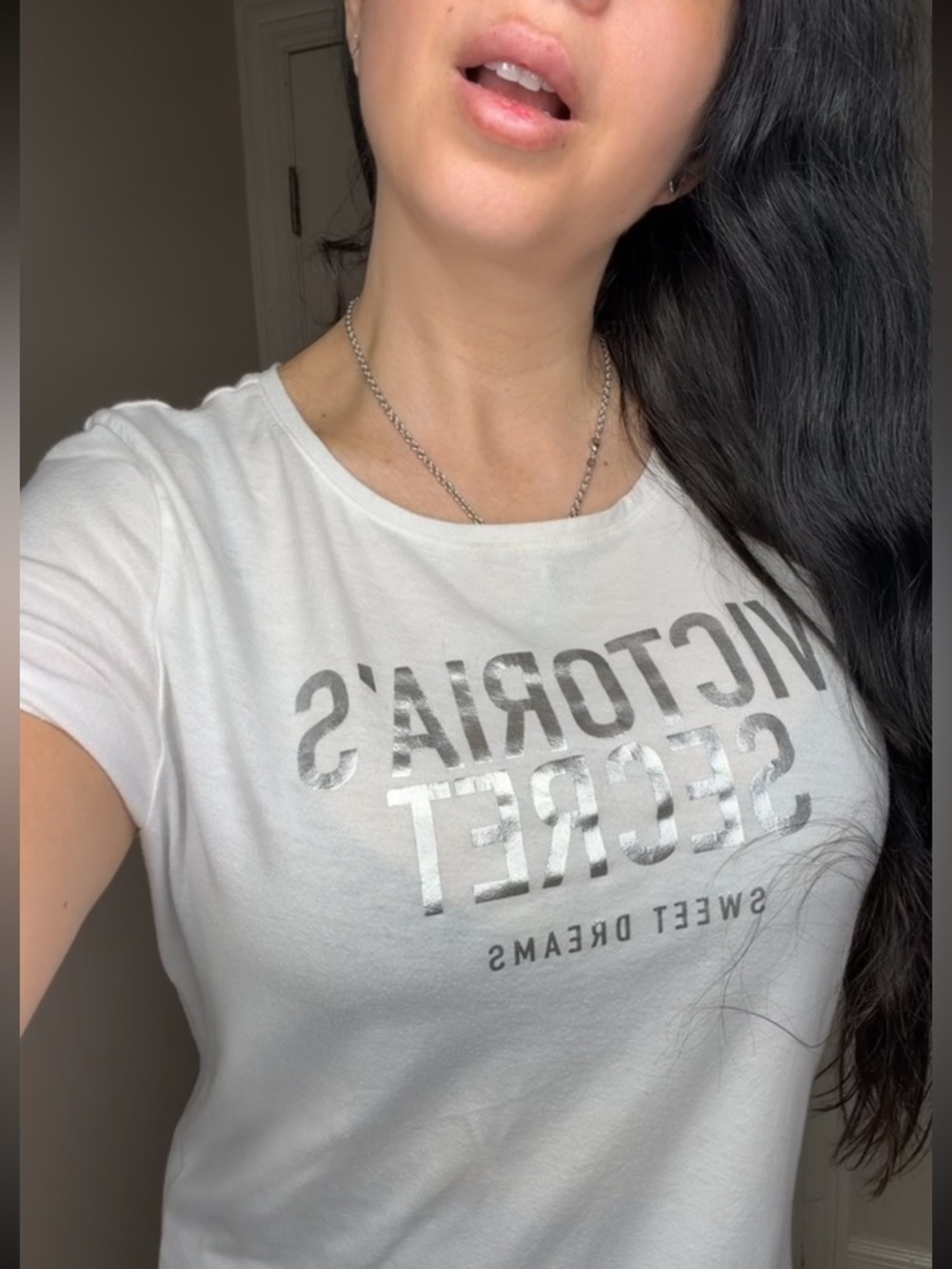 Victoria's Secret White Scoop Neck Tee with Silver Foil Logo